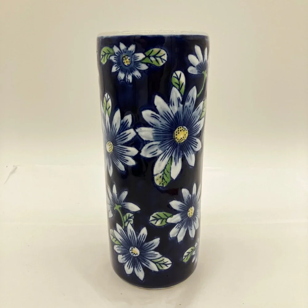 Ceramic Cylinder Vase 10in Blue White Floral Hand Painted Style
